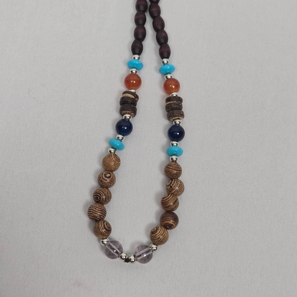 Boho Wood and Gemstone Beaded Necklace Earthy Turquoise Carnelian 30 Inch